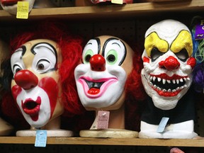Clown masks are displayed at the Fantasy Costumes HDQ. store October 17, 2003 in Chicago, Illinois. (Tim Boyle/Getty Images)