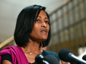 In this Sept. 3, 2015 file photo, Cheryl Mills speaks to reporters on Capitol Hill in Washington. Senior staff members on Hillary Clinton's nascent campaign were conscious about diversity in the top ranks two months before the Democratic presidential candidate formally announced her bid, according to hacked emails from the personal account of a top campaign official. (AP Photo/Susan Walsh, File)