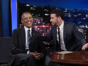 President Barack Obama talks with Jimmy Kimmel in between taping segments of Jimmy Kimmel Live! at the El Capitan Entertainment Center in Los Angeles, Monday, Oct. 24, 2016. (AP Photo/Susan Walsh)