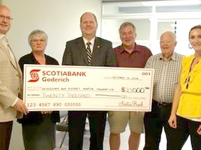 Scotiabank has pledged $20,000 to the Wingham Hospital Redevelopment Project. L-R: Fundraising Chair Mark Foxton, Scotiabank Goderich Branch Manager Jane Beaver, Scotiabank District VP Andrew Smith, WDH Foundation Chair Ian Montgomery, WDH Foundation Treasurer Gord Baxter, and WDH Foundation Nicole Jutzi.