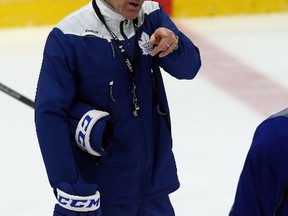 Coach Mike Babcock directs the team during Leafs practice at the Mastercard Centre in Toronto on Monday October 24, 2016. (Dave Abel/Toronto Sun/Postmedia Network)
