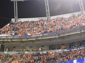 John Lynch, Jason Elam, and Simon Fletcher are inducted to the Denver Broncos "Ring of Fame" at Sports Authority Field at Mile High on Oct. 24, 2016 in Denver. (Dustin Bradford/Getty Images)