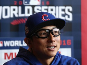 Munenori Kawasaki of the Chicago Cubs is interviewed during Media Day for the 2016 World Series at Progressive Field on Oct. 24, 2016 in Cleveland. (Tim Bradbury/Getty Images)