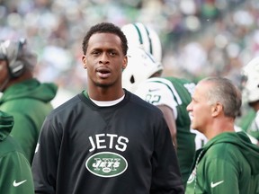 Quarterback Geno Smith of the New York Jets looks on from the sidelines after their 24-16 win over the Baltimore Ravens at MetLife Stadium. (Michael Reaves/Getty Images)