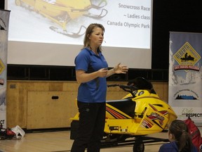 Lori Zacaruk of Zac's Tracks teaches students at Percy Baxter about safety while driving off-road vehicles, such as snowmobiles and ATVs, on Oct. 18 (Joseph Quigley | Whitecourt Star)