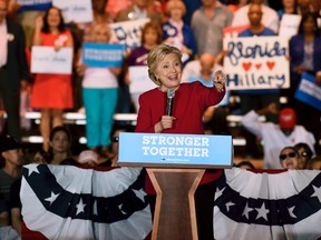 Democratic presidential nominee Hillary Clinton speaks at an early voting rally on the Broward College campus in Coconut Creek, Fla. on Tuesday, Oct. 25, 2016. (Maria Lorenzino /South Florida Sun-Sentinel via AP)