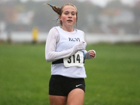 Jackie Quesnel of Kingston Collegiate places first in the senior girls race at the Kingston Area Secondary Schools Athletic Association cross-country championships at Lemoine Point on Oct. 21. (Steph Crosier/The Whig-Standard)