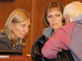 City manager Marg Misek-Evans is pictured here with Coun. Anne Marie Gillis who comforted her following Monday's city council meeting. Sarnia Mayor Mike Bradley was slapped with more sanctions by council Monday in response to a workplace harassment investigation involving Misek-Evans and three now-former senior city hall staffers. (Barbara Simpson/Sarnia Observer)
