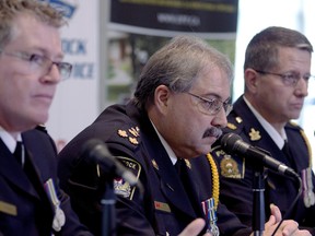 From left: Det.-Supt. Dave Truax of the criminal investigations service of the OPP, Woodstock police Chief William Renton and London police Det.-Supt. William Merrylees spoke at a Tuesday morning press conference announcing the arrest of Elizabeth Tracey Mae Wettlaufer, a Woodstock, Ont., nurse, on eight counts of first-degree murder. (BRUCE CHESSELL, Sentinel-Review)