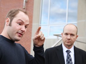 Justin Stewart addresses the media outside the Sudbury Courthouse in this file photo. (Gino Donato/Sudbury Star)