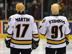 Matt Martin (left) and Steven Stamkos, teammates with the OHL’s Sarnia Sting years ago, were opponents on Oct. 25, 2016 when Martin's Toronto Maple Leafs played host to Stamkos' Tampa Bay Lightning.
(NICK BRANCACCIO/Postmedia Network files)