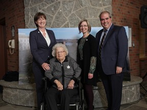 Tracy Macleod, chief advancement officer, Lily Fielding, Jennifer Witty, chair of the Board of Governors at Laurentian University, and Dominic Giroux, president and vice-chancellor, celebrate the donation of $3 million for a new research facility at the university.