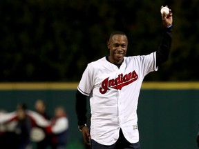Former Cleveland Indians outfielder Kenny Lofton reacts prior to throwing out the first pitch prior to Game One of the 2016 World Series against the Chicago Cubs at Progressive Field on October 25, 2016 in Cleveland, Ohio. (Elsa/Getty Images)