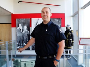 Emily Mountney-Lessard/The Intelligencer
The city of Belleville's newest firefighter, 27-year-old Brock Reynolds, is shown here at Station 1 on Wednesday.