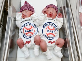 Newborn babies at the Cleveland hospital have joined the ranks of the Cleveland Indians' fans. (Cleveland Clinic via AP)