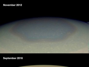 Two images taken by NASA's Cassini spacecraft in 2012 and 2016 of Saturn's hexagon - a six-sided jetstream above the planet's north pole. (NASA/HO)