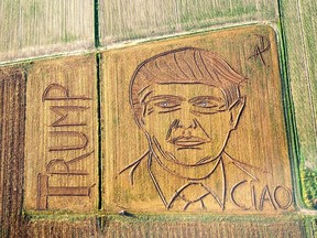 In this photo taken on Tuesday, Oct. 25, 2016, an aerial view of a giant portrait of U.S. Republican Presidential nominee Donald Trump. (Dario Gambarin via AP)