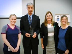 Bluewater Health recently received an award from the Trillium Gift of Life Network. Pictured are, from left, Lauren Dobbelaar, cardiac sonographer at Bluewater Health, Mike Lapaine, hospital group president and CEO, Paula Schmidt, hospital development coordinator with the Trillium Gift of Life Network, and Bluewater Health's Dr. Glenna Cuccarolo, hospital donation physician. (Submitted)
