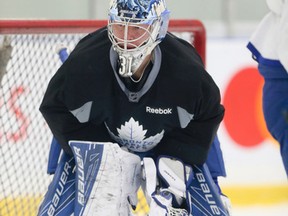 Frederik Andersen in goal as the Toronto Maple Leafs practice at the MasterCard Centre on Oct. 26, 2016. (Veronica Henri/Toronto Sun/Postmedia Network)