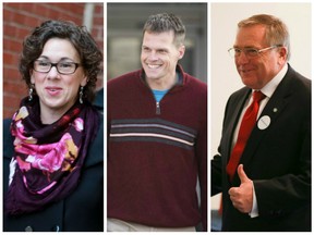 Each of the three main Saskatoon mayoral candidates were at their polling stations bright and early on Oct. 26, 2016 — Kelley Moore (from left) at Caswell Hill elementary school, Charlie Clark at Oskayak High School and Don Atchison at the Willows Golf and Country Club. MICHELLE BERG AND LIAM RICHARDS / THE SASKATOON STARPHOENIX