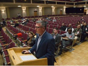 London bylaw boss Orest Katolyk gives a presentation at a public meeting on proposed changes to vehicle for hire bylaw affecting taxis and Uber. (DEREK RUTTAN, The London Free Press)