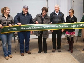 To officially open the Livestock Research Facility, a ribbon-cutting ceremony was held on Oct. 20. From left, Casey Finstad, the SMF Livestock Research Team leader, Stewart Ainsworth, Judy Sweet, Darrel Howell, chair of Lakeland's Board of Governors, Alice Wainwright-Stewart and Josie Van Lent, dean of agricultural sciences, had the honour of cutting the ribbon. Taylor Hermiston/Vermilion Standard/Postmedia Network.