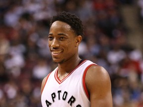 DeMar DeRozan leaves the court after scoring 40 points in the Raptors home opener against the Piston at the Air Canada Centre in Toronto on Wednesday, Oct. 26, 2016. (Stan Behal/Toronto Sun)