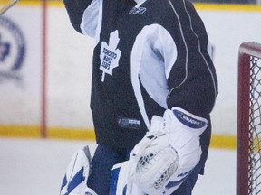 Vesa Toskala, then a goaltender for the Toronto Maple Leafs, during a practice at Lake Shore Lions Arena on Oct. 1, 2007. (ERNEST DOROSZUK/Toronto Sun files)