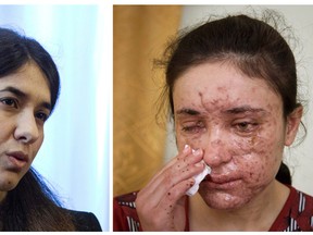 This combination of two file photos shows Iraqi Yazidis Nadia Murad Basee, left, and Lamiya Aji Bashar, right, who survived sexual enslavement by the Islamic State before escaping and becoming advocates for their people who have won the EU's Sakharov Prize for human rights on Thursday, Oct. 27, 2016. Guy Verhofstadt, the leader of the Liberal ALDE group, says Nadia Murad Basee and Lamiya Aji Bashar were "inspirational women who have shown incredible bravery and humanity in the face of despicable brutality. (AP Photo/Yorgos Karahalis, Balint Szlanko, File)