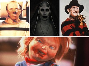 Clockwise from top: Anthony Hopkins as Hannibal Lecter, Bonnie Aarons as Demon Nun, Robert Englund as Freddy Krueger and Chucky.