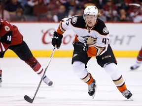 In this March 3, 2016, file photo, Anaheim Ducks' Hampus Lindholm, of Sweden, skates during the second period of an NHL hockey game against the Arizona Coyotes, in Glendale, Ariz. (AP Photo/Ross D. Franklin, File)