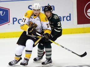 Sarnia Sting forward Adam Ruzicka, pictured earlier this season against the London Knights, is still adjusting to North American lifestyle and style of play. The 17-year-old Slovakian centre has produced two goals and six points through his first 12 Ontario Hockey League games. (Terry Bridge/Sarnia Observer)