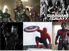 Clockwise from top left: The Avengers, Guardians of the Galaxy, Ant-Man, Spider-Man and Black Panther.