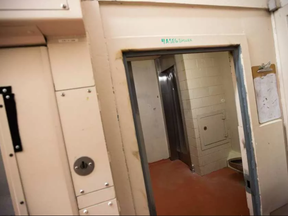 Shower area in maximum security where some inmates had been sleeping on the floor as officials conducted a media tour of the Ottawa Carleton Detention Centre on Innes Rd. (Wayne Cuddington, Postmedia)