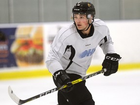 London Knights forward Cole Tymkin during practice at the Western Fair Sports Centre on Thursday. (MORRIS LAMONT, The London Free Press)