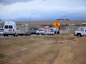 A two-car collision had traffic backed up on Hwy. 6 yesterday at around 5 p.m. Two patients were transported to hospital for minor injuries. | Caitlin Clow photo/Pincher Creek Echo