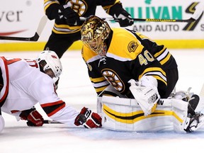 Tuukka Rask of the Boston Bruins makes a save against Beau Bennett of the New Jersey Devils during the second period at TD Garden on October 20, 2016 in Boston, Massachusetts. (Maddie Meyer/Getty Images)