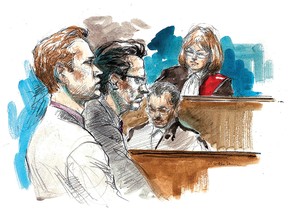 Conrad Black's son Jonathan Black, left, is seen in court in Toronto on July 28, 2011. (Pam Davies/Toronto Sun illustration)