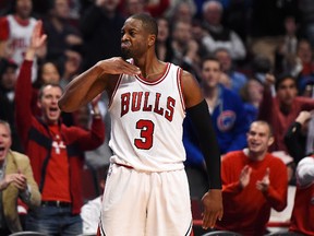 Dwyane Wade of the Chicago Bulls reacts to a three-point shot late in the fourth quarter against the Boston Celtics at the United Center on Oct. 27, 2016 in Chicago. (Stacy Revere/Getty Images)