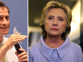 Anthony Weiner and Hillary Clinton. (Taylor Hill/Justin Sullivan/Getty Images)