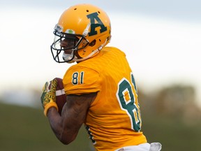 Golden Bears wide receiver Tylor Henry makes a catch as the University of Alberta Golden Bears play the Saskatchewan Huskies at Foote Field in Edmonton, Alberta on Friday, September 9, 2016.