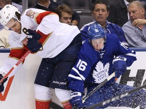 Maple Leafs forward Mitch Marner found himself in some awkward spots on Oct. 27, 2016, but bounced back to record three assists in the Leafs’ 3-2 win over the Florida Panthers. (STAN BEHAL/Toronto Sun)