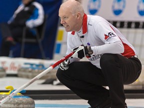 St. George's Golf and Country Club skip Glenn Howard watches an incoming rock on Feb. 1, 2016 during the opening draw of the 2016 Ontario Men's Tankard at the Wayne Gretzky Sports Centre in Brantford. (Brian Thompson/Brantford Expositor/Postmedia Network)