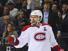 Shea Weber of the Montreal Canadiens celebrates his game-winning power-play goal at 17:03 of the third period against the New York Islanders at the Barclays Center on Oct. 26, 2016. (BRUCE BENNETT/Getty Images)