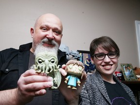 Artist Rob Sacchetto and writer Jess Ungar show off movie monsters Cthul'Hu and Regan in Sudbury, Ont. The duo is writing a book about movie monsters.Gino Donato/Sudbury Star/Postmedia Network