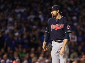 Andrew Miller of the Cleveland Indians pitches in the fifth inning against the Chicago Cubs in Game Three of the 2016 World Series at Wrigley Field on October 28, 2016 in Chicago, Illinois. (Jamie Squire/Getty Images)