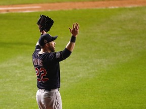 Jason Kipnis of the Cleveland Indians celebrates after beating the Chicago Cubs 7-2 in Game Four of the 2016 World Series at Wrigley Field on October 29, 2016 in Chicago, Illinois. (Stacy Revere/Getty Images)