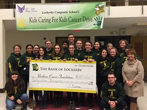 Members of the LCS Kids Caring for Kids Cancer Drive organizing committee present Tannys Laughren, executive director of the NCF, with a cheque for $45,000. Supplied photo