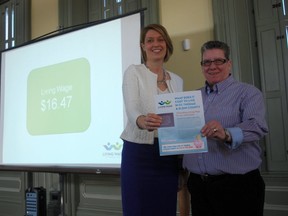 Project lead Lindsay Rice, left, and Deirdre Pike, senior social planner for the Social Planning and Research Council of Hamilton, hold a copy of St. Thomas and Elgin's first living wage calculation report. The study pegs a living hourly wage in St. Thomas and Elgin at $16.47.