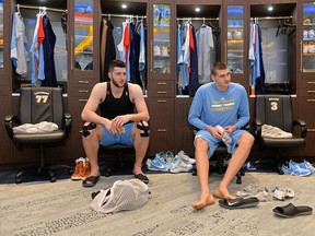 Jusuf Nurkic and Nikola Jokic of the Denver Nuggets get ready before the game against the Memphis Grizzlies on Jan. 21, 2016 at the Pepsi Center in Denver. (Garrett Ellwood/NBAE via Getty Images)